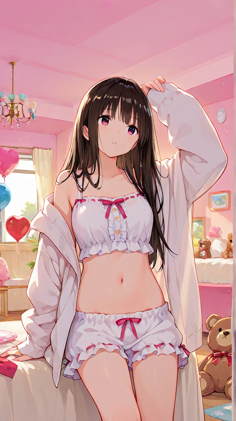 ((Highest quality, 8k, masterpiece: 1.3)), whole body,1 personの,1 person,,Glamorous Body,cute,Troubled face,Black Hair,Beautiful emerald green eyes,long hair,Stand in front,((In front of the clothes rack)),(((Pastel pink bra,Pastel pink panties,Scanty))),Morning sunshine,Inside the room,