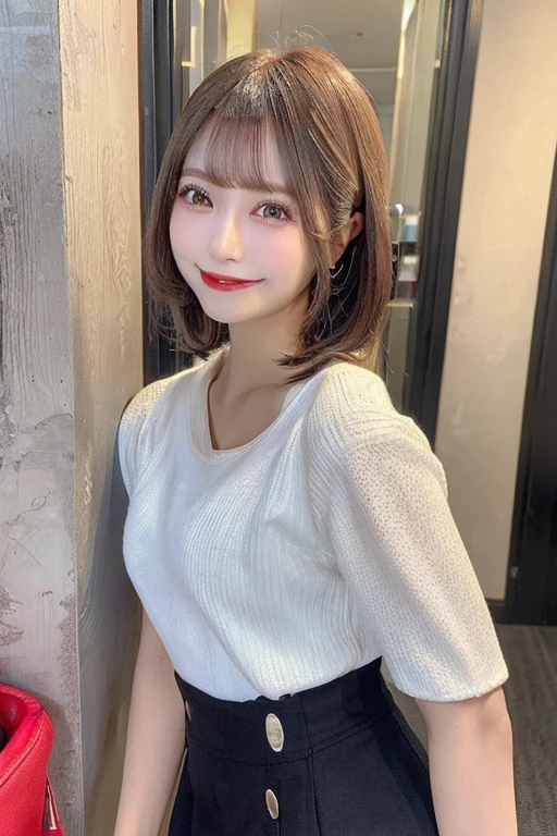 (Highest quality, 8k, 32K, masterpiece, Ultra-high resolution: 1.2), 1 girl, Beautiful Japanese Woman, Narrow waist, (Lovely Face), (Female Anna costume), ((Neat and clean clothes), Natural clothes, light-colored blouses, (Mimore length skirt), Elegance Casual), Age 25, Cinematic Light, (Biting pose: 1.2), (Smile at someone you like),