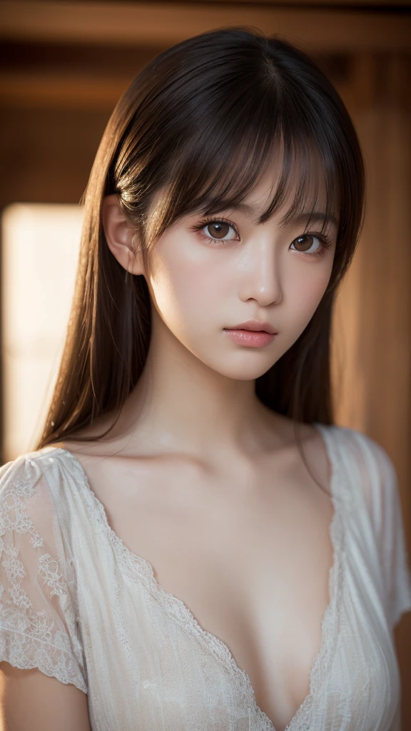 (best quality), (ultra-detailed), (illustration), (detailed light), (an extremely delicate and beautiful), 1young girl, brown hair, brown eyes, model, bare shoulders, best quality, extremely detailed CG unified 8k wallpaper, High-definition raw color photos, professional photograpy, (((Bokeh))), depth of fields, twilight, sunset,