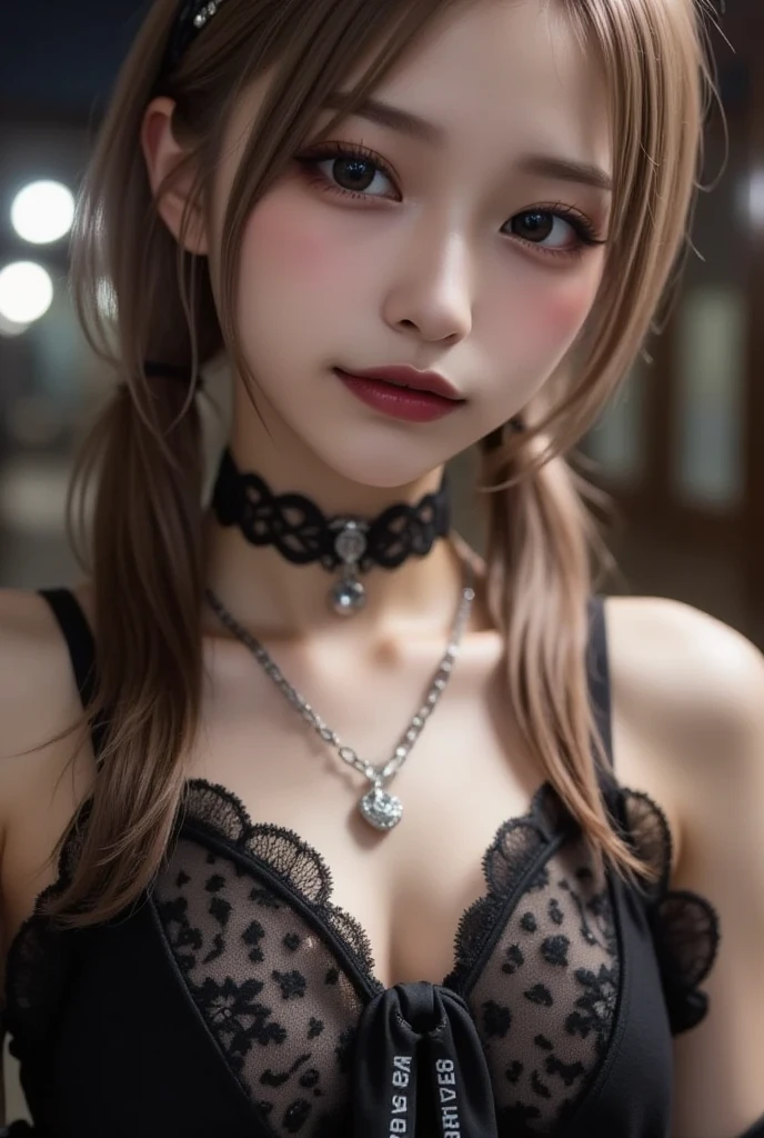 beste Quality、masterspiece、ultra-highres、(photorealestic:1.4)、Raw photo、1人、Black hair、glowy skin、1 Cyberpunk Girl、((ultra realistic details))、portlate、Global Illumination、Shadow、Rendu octane、8K、ultrasharp、Giant tits、Raw skin is exposed in cleavage、metals、Details of complex ornaments、Sumerian details、high intricate details、Realistic light、CGSoation Trends、violet colored eyes、shinning eyes、Facing the camera、neon details、Mechanical limbs、blood vessels connected to tubes、Mechanical vertebrae attached to the back、mechanical cervical attaching to neck、sitting on、Wires and cables connecting to the head、Small LED lamps、Glowing tube、big breasts, perfect breasts, perfect body, cute 1 mole under left eyes, bround hairstyle, highlights brown hair, slim abs, luxurious earrings, 1 mole under eyes,