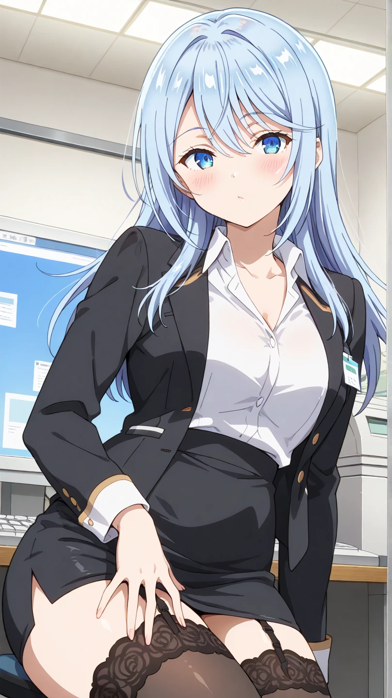((masterpiece)), (best quality), beautiful, extremely detailed face, perfect lighting,ultra-detailed,((expressionless)),((cold attitude)),((tsurime)),((tareme)),breasts,((Mature female)),((yukino, long hair, smile, bangs, (big breasts:1.2), braid, silver hair, braided ponytail, blue eyes, ringed eyes,
shirt, long sleeves, white shirt, necktie, collared shirt, pants, black pants, formal, suit, black necktie, shirt tucked in, office lady, full body