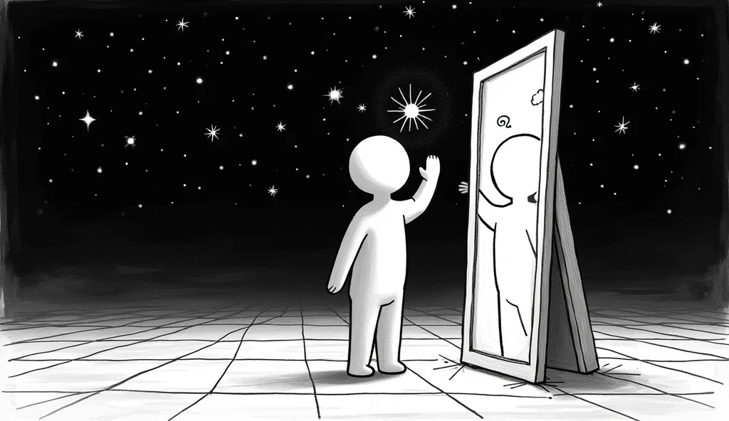 Generate an image of a young boy standing in front of mirror touching the mirror,and the boy is in space,and the space is all blue in colour,