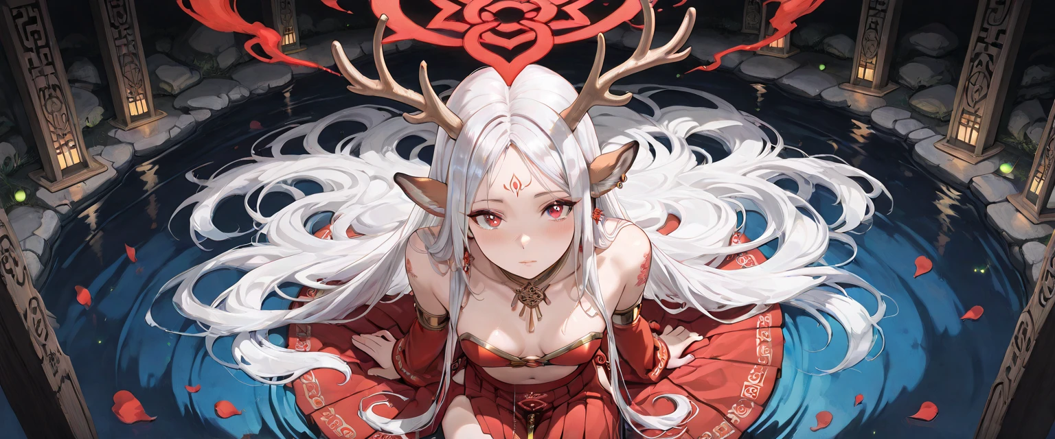 (masterpiece), 8k cg, stunningly beautiful girl, intricate details, chromatic aberration, ((bust shot)), ((looking at viewer)), 1girl, (choppy hair, (white blonde hair), skull brassiere, half naked, Deer skull, Deer antlers, young girl, (red war paint), blood, messy pomytail), Red Eyes, extremely beautiful and delicate portrait, frown, absurdres, cinematic lighting, dynamic lighting, fantasy, ((dark background, fog))