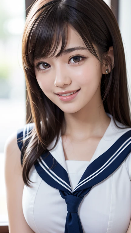 (One Girl), ((Very cute face)), Great face and eyes, (Highly detailed eyes, Highly detailed face), Fresh, Very beautiful appearance, (Ultra-realistic, High resolution), (highest quality:1.4), RAW Photos, (Realistic, Realistic:1.37), Professional photography , (Wet and see-through sailor uniform:1.1) , Smile a little, (look at me) , Portrait of a Girl , (gigantic breasts:1.3) , ((())) , ((junior high school student)), (light brown short hair:0.9) , (wavy hair:1.3) , (Nipples visible through sailor uniform:1.3) , (Please tilt your head a little) , Perfect nipples , ((Nipples are light pink )) , ((light pink areola)) , (sweating cleavage:1.2) , (cum on her breasts ) , (small nipples) , (upper body) , (lying down on the bed:1.3) , (young face:1.3) , (little girl:your back:1.4) , (young face:1.3) , (bare breasts:1.5) , (naked:1.3)