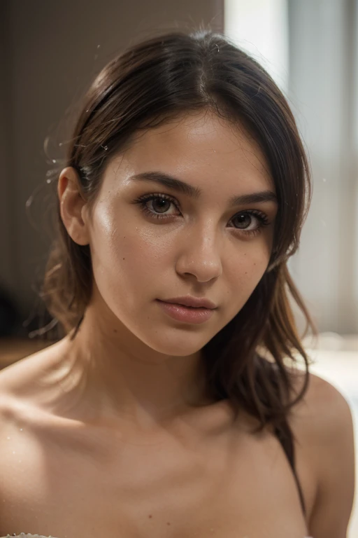 An ultra-realistic portrait of a young woman named Anita (anika) standing in a bathroom with her back to the camera, looking into a mirror. She is gently applying face cream with one hand while holding the cream tube in the other. Anita is wrapped in a white towel, and her long, dark hair is pulled back. Her reflection in the mirror shows her happy and relaxed expression. The bathroom features modern decor with wooden panels, white tiles, and a stylish light fixture. Soft, natural lighting highlights her facial features in the mirror and creates a calm, serene atmosphere.
