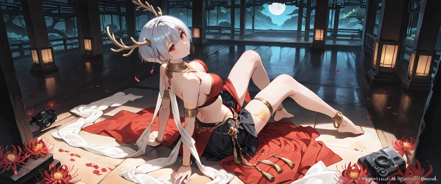 lily、gray hair、Fox、warrior、shrine、long hair、small breasts、highest quality,woman、Completely naked、Miko costume