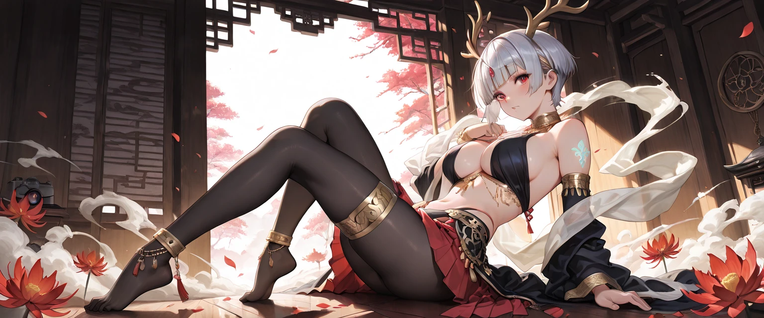 White short haired woman, with yellow eyes, mostrando os peitos, legs open showing pussy, with an angry face and a provocative look, Wearing traditional Chinese imperial clothing in gold and black, with red Hanafuda earrings, with a short red skirt. On your knees in a hotel room bed, with a sunset in the window in the background.
