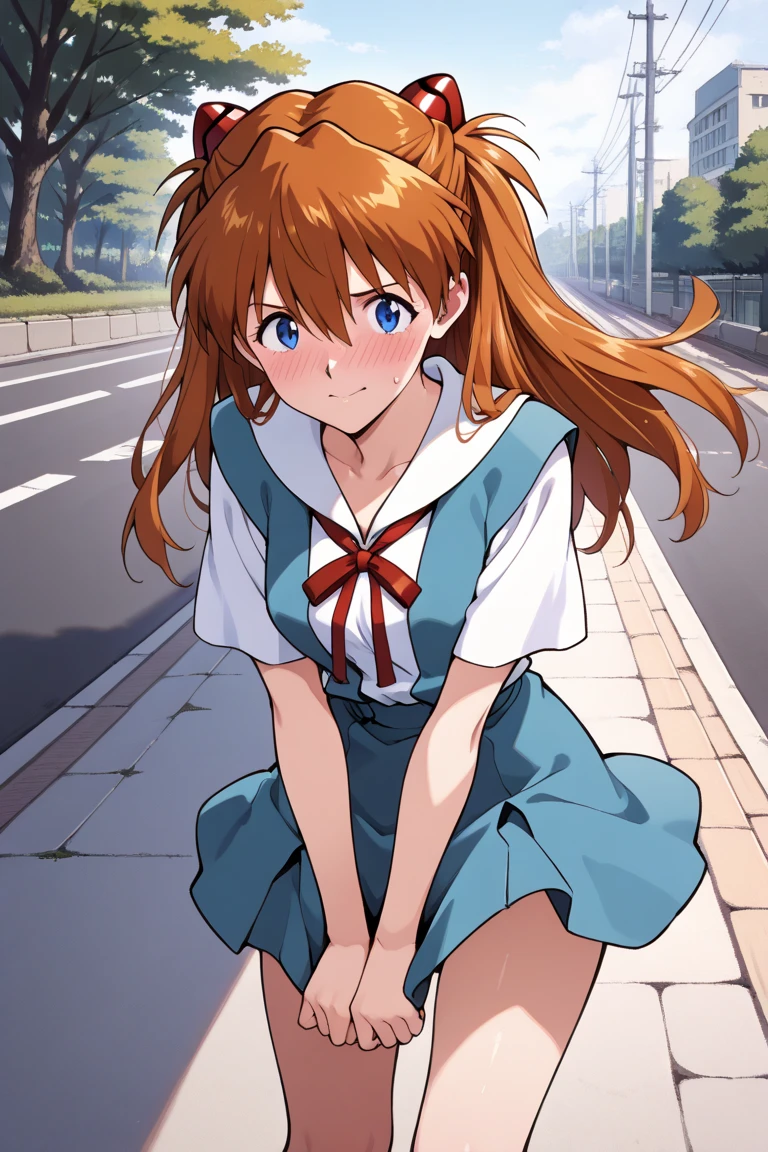 One girl, alone, Soryu Asuka Langley, From behind,
Orange Hair, Long Hair,
Tsurime, blue eyes, Long eyelashes, Thick eyelashes, View your viewers,
Red Sexy Lingerie Tokyo 3 Middle , White shirt, Short sleeve, skirt, blue skirt, Blue clothes,
Outdoor, stage,