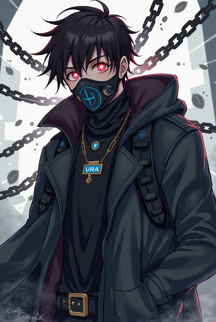 1man,hoodie,chains all around body,black hoodie,hood up,badass,mist,muscular,gas mask,