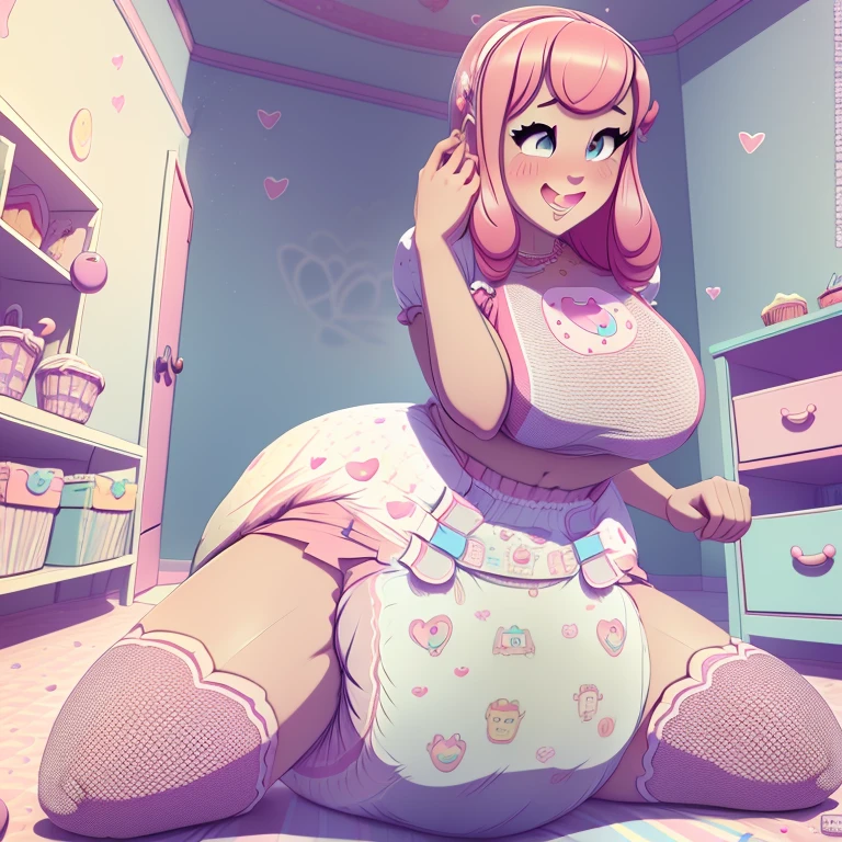 A confident mommydom wearing a big bulbous puffy diaper, heart emojis, bedroom, fishnet stockings, pretty eyes, seductive, flirty, colorful, puffy dress, room, diapers, confetti, cake,Bottle
