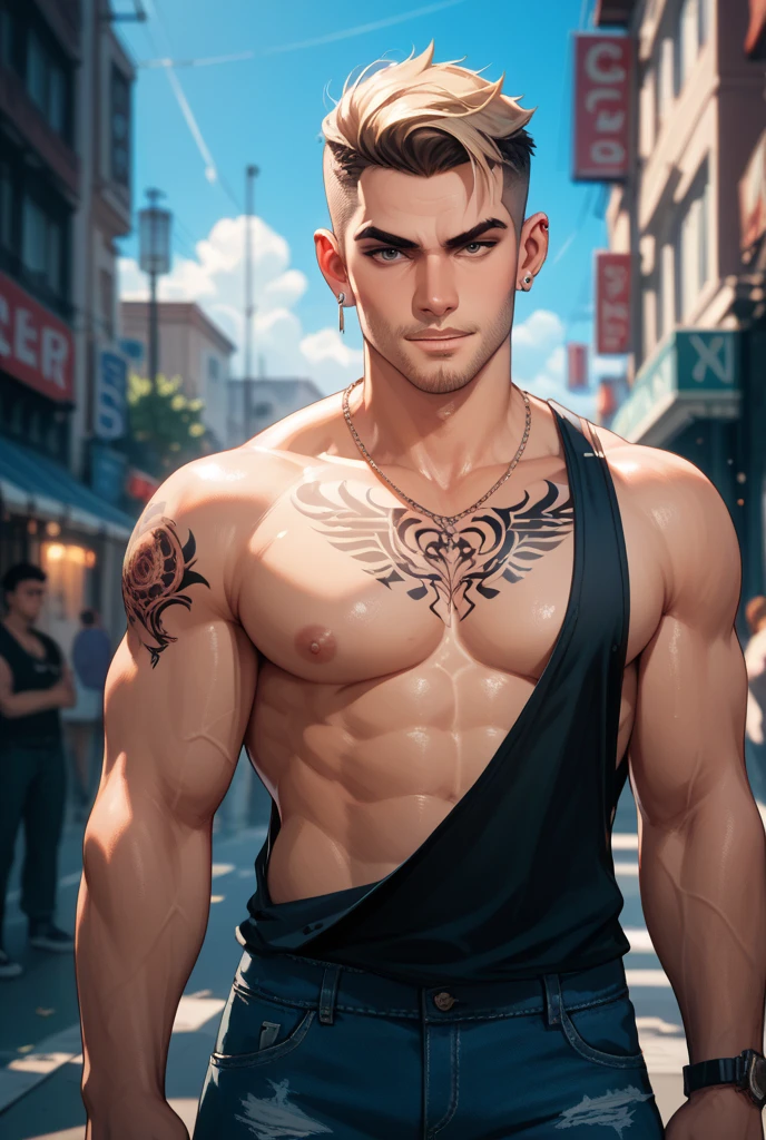 masterpiece, best quality, high quality, a tall muscular handsome young man, solo, perfect facial features, (short hairstyle:1.5), beautiful, gorgeous, wet, digital painting, Fantasy, Fine Art, Digital Art, Magical, Mystical, Ethereal, Unique Style, Highly Textured, Intricate Details, Vibrant Colors, absurdres, Dynamic Pose, Vigilant Stance, Fantasy Art, mythical creatures, Magic, Surreal, Symbolic, divine tattoos, (sexy gaze), looking at the viewers romantically,