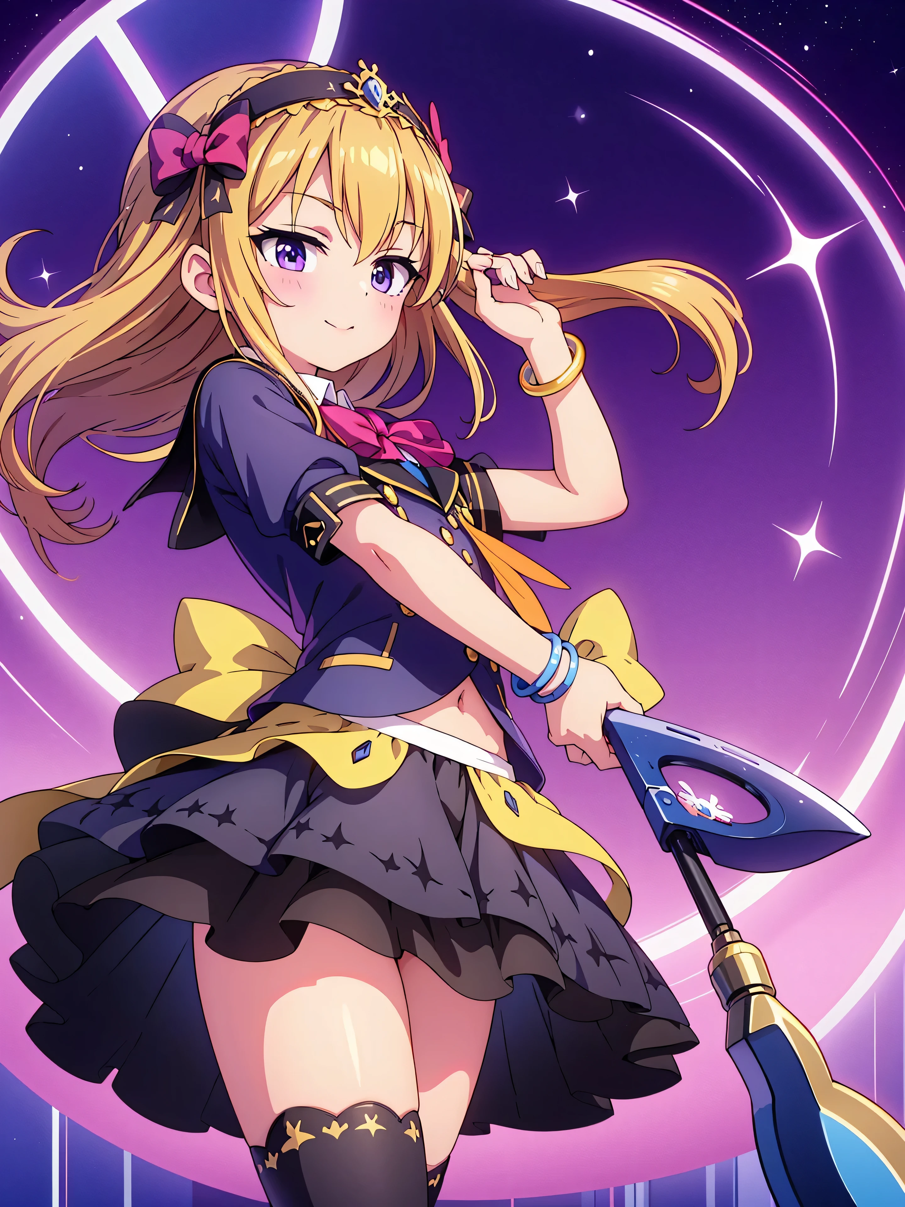 Highly detailed, high quality, masterpiece, beautiful, (all photo shooting, low angle), girl student, legs spread, perfect eyes, with cell phone in hand, purple eyes, light eyes, blushing face, happy face, big thighs, medium chest, short stature, long hair, blonde hair, with bracelet in hand, bow in hair, headband, with western school suit, short mini skirt, with black stockings, with panties stuck between vagina, shows full panties, sexy, background image in a school