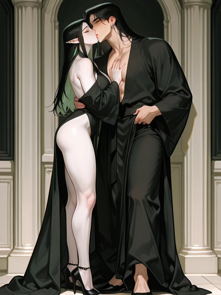 Body position: Standing, straight, symmetrical, barefoot, Lustful smile on face with red blush, 2 girls like Cassia Orsellio white pale skin with red eyes who gets married and stands in front of many people, nsfw, kissing