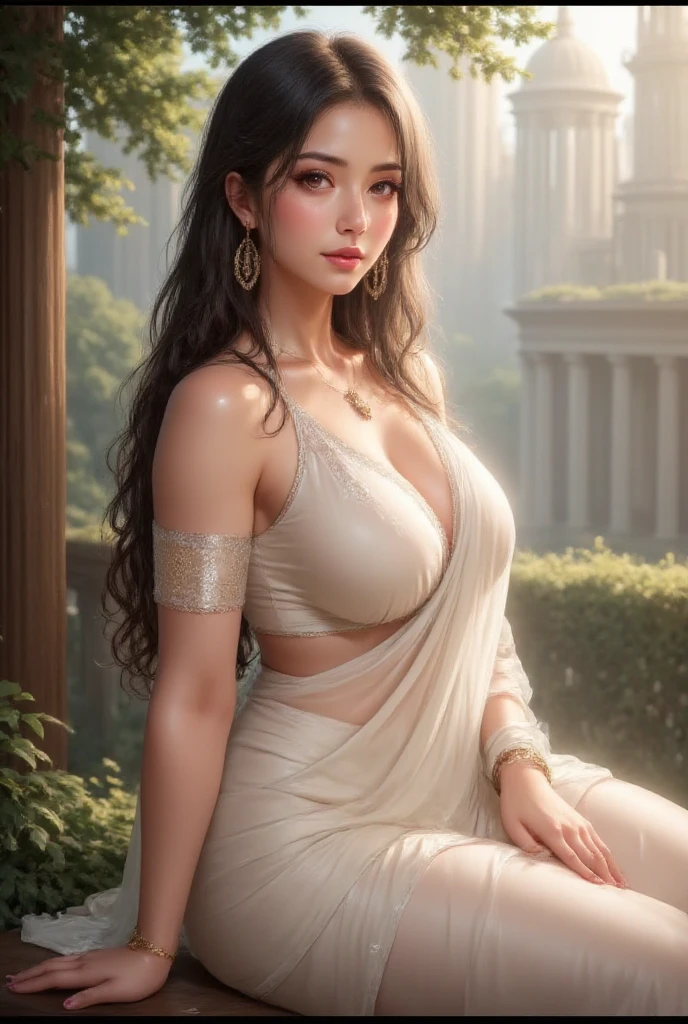 ((realistic:1.5)),((best quality)), ((masterpiece)),((detailed)), (1girl), {a beautiful female wearing a Sari}, (upper body:1.3),super-wide-angle lens,face focus, mature,sexy,toned muscles,long legs,curvy, barefoot, oversized firm breasts, open cleavage, drooping breasts, thick thighs,wide hips, thin legs, green eyes,long black hair,floting hair,long eyelashes, (detailed face,beautiful eye, detailed pupilss,detailed clothes features, clear background:1.3), (Bindi,Jhumkas:1.3), (Armlet, Haar, Payal,Maang Tikka,Jhumkas,Kamarband,Bangles:1.3), mysterious ancient ruin, lush forests, deep canyons,bridge,river,cliff,cloud, lakes,rock,waterfalls, flowers, grass, fog,vine,tree, smoke, best shadow,bright details,sharp,perfect composistion, Intricate, Sharp focus, dramatic, by Frank Frazetta,by Julie Bell,by Olivia De Berardinis,by Luis Royo,by boris vallejo, (specular lighting:1.3),rim light, princesses, playing, princesses playing with water, river bank, royal skimpy underwear, random royal color, laying on the floor, spooning her friend, hand on underwear, thirsty face, erotic face, lips open, almost undressed, underwear slid down, attended by servants, armed bodyguard, servant, gasping, breathing hard, fist clenched, visible slit, queen and slave