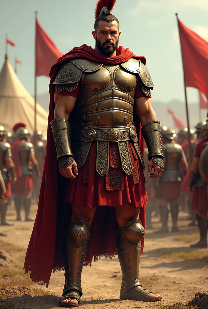 ((masterpiece, highest quality, Highest image quality, High resolution, Raw photo, 8K)), ((Extremely detailed CG unified 8k wallpaper)), (huge stunning warrior shot, full body, musclural body beauty:1.4), Posing for the camera, In a warrior fighting stance, a stern look, in a ready stance, Armor: Scipio is clad in his bronze cuirass, which glints in the sunlight, adorned with symbols of his past victories. His red cloak flows behind him as he moves, marking him as a general even in the heat of battle.
Expression: His face is focused and determined, with a furrowed brow and intense eyes that scan the battlefield for threats and opportunities.

Pose and Action:

Stance: Scipio is in the midst of battle, standing firm with a wide, balanced stance, his body slightly crouched to absorb the impact of combat.
Right Hand: He grips his sword tightly, mid-swing, as he strikes down an approaching enemy with precision and force. The sword gleams as it cuts through the air, a blur of lethal motion.
Left Hand: His left hand is held out for balance, or possibly holding a shield that deflects an enemy blow, showing his skill in both offense and defense.
Backdrop: Around him, the chaos of battle unfolds—fallen soldiers, the clash of weapons, and the dust kicked up by the fray. Behind him, Roman standards (flags) wave, representing the strength and unity of his legions., photorealistic, 16k, 8k, 4K, award winning