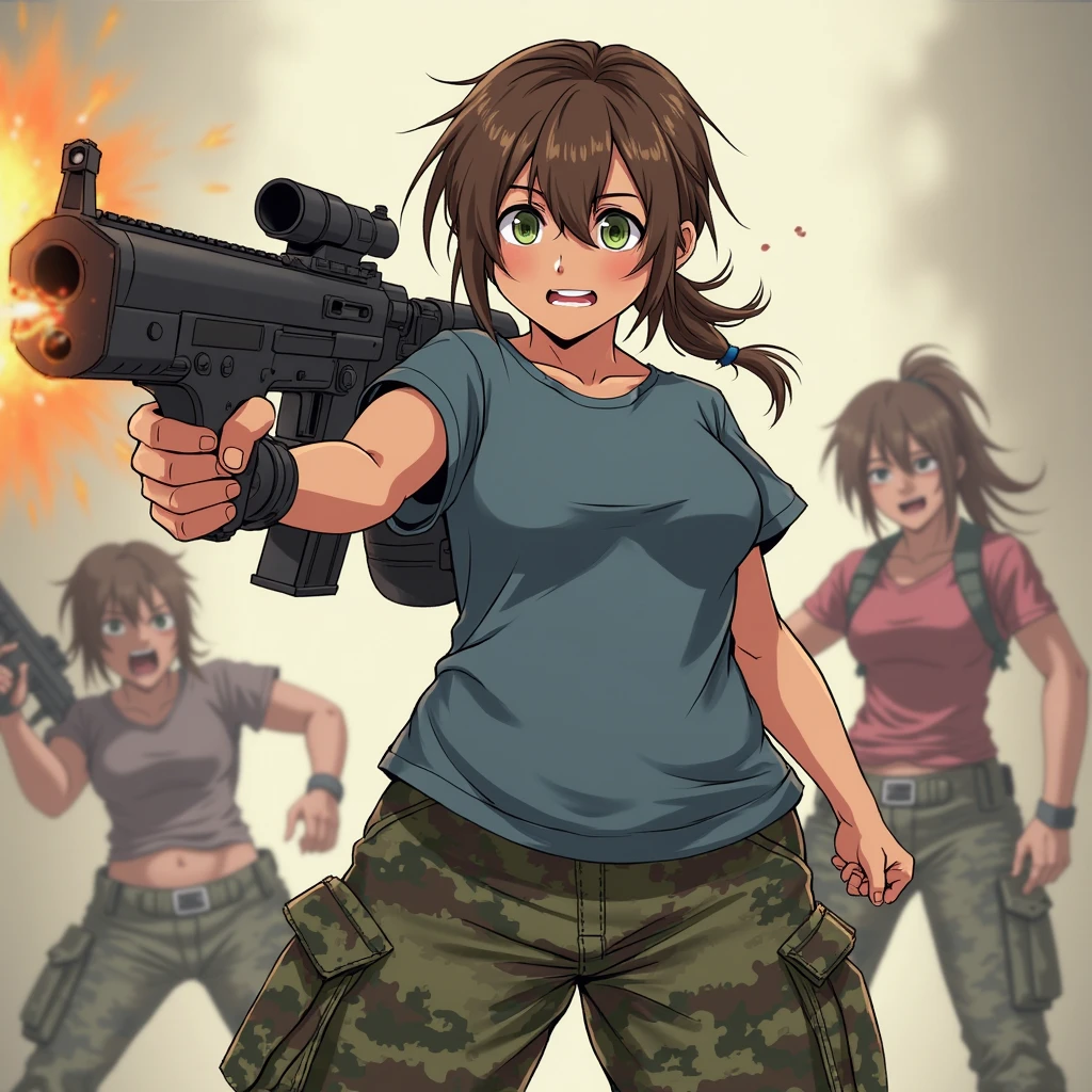 <lora:rebecca_chambers:.8>, rebecca_chambers, blush, (re1costume:1), 1girl, fighting stance, sweat <lora:crazyExpressions_crazyExpressions:1>, crazy eyes, screaming, angry