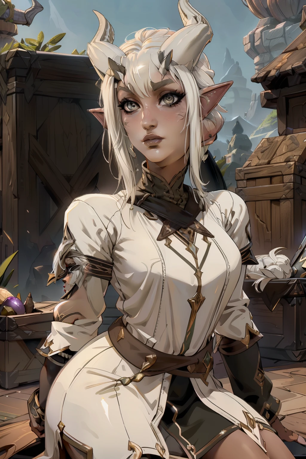 high quality: 1.3, cinematic frame, masterpiece, very detailed portrait, drow (elven long ears), ((Girl with gray skin)) (beautiful young woman), pretty face, fantasy, hairstyle, (long white hair), night, (very detailed skin), detailed background, in kitchen, indoor, soft lighting, tavern crepuscular lighting, volumetric lighting, complex parts, UHD