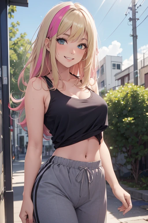 a fembo sissy with blonde hair and beautiful detailed blue eyes, wearing a tight pink crop top, an pink miniskirt, Stockings, in a park and small penis