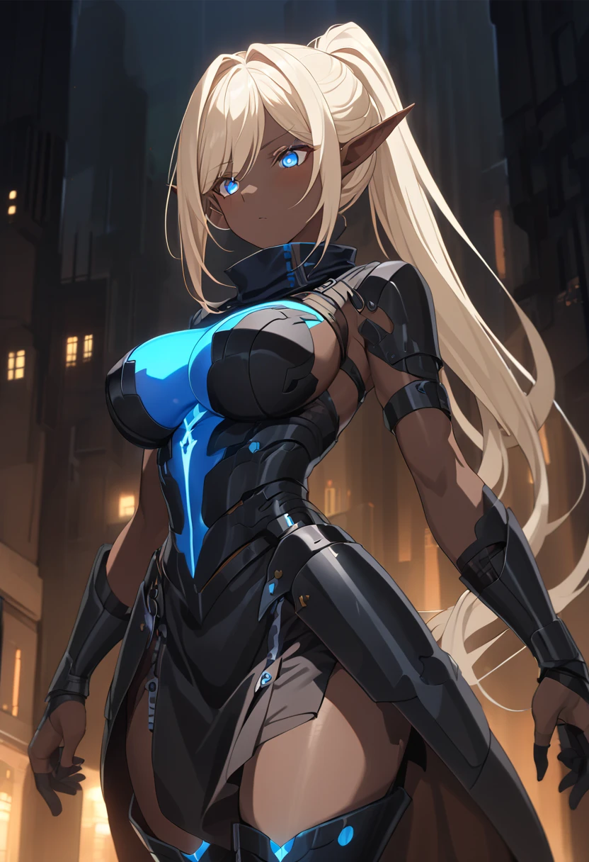 Beautiful images,Detailed Images,Official image,(Background of the base),One Woman,Blonde,Red Eyes,Ponytail Hair,Model body type,(Dark Skin:1.3),Elf Ears,Large Breasts,(Bioarmor:1.3),Smile small,