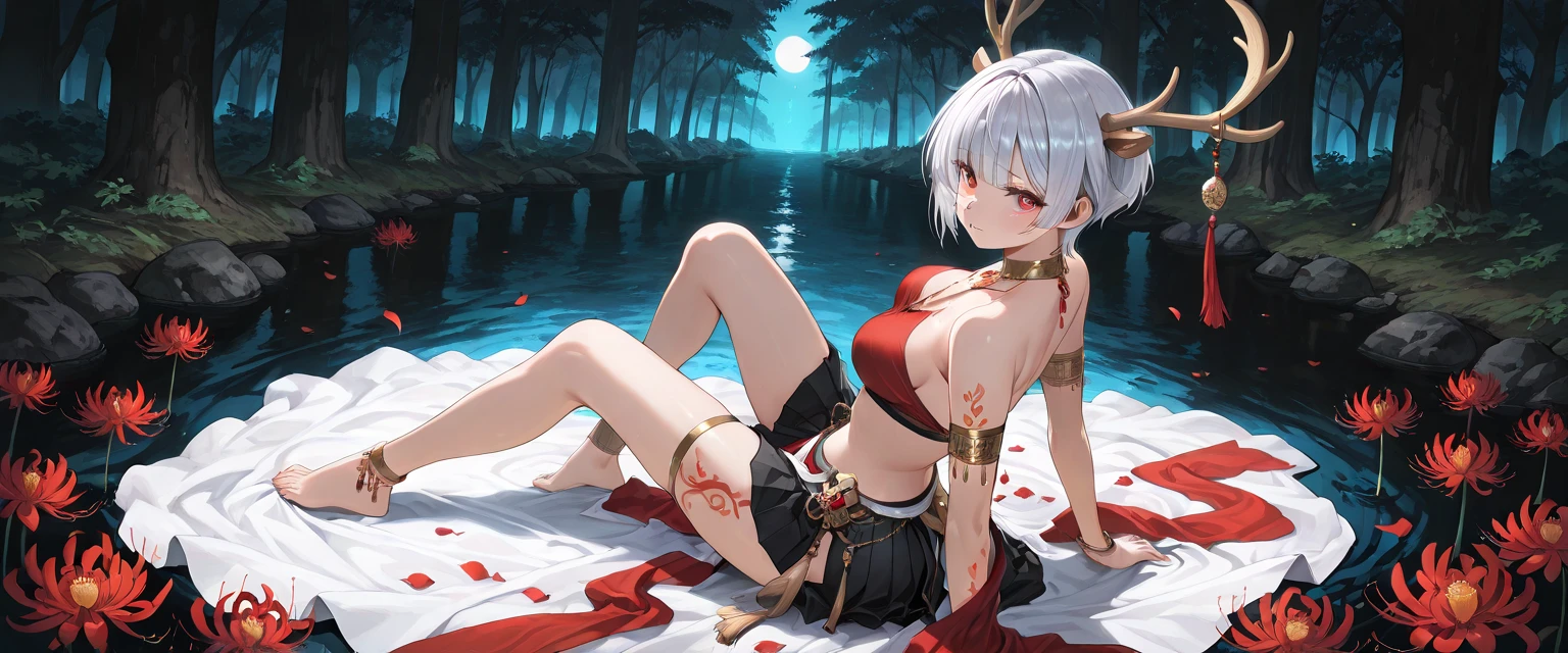 ​masterpiece、best、Hi-Res、1 female、silber hair、fullnude、Shorthair、The tattoo, Chest Tattoo, Ivy tattoo、arm tatoo、:tattoos on the legs、Underhair 3、armpits hair、 East Asian Architecture 、cherry trees, full body Esbian,natta
