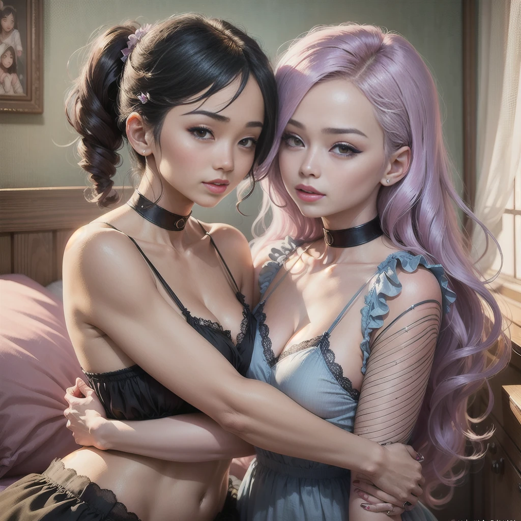 Best quality,Amazing,Masterpiece,Delicate,超高分辨率,Ultra detailed,intricately details,Beautiful detailed,8K resolution,(Extremely detailed Cg Unity 8K wallpaper),Sharp focus,((No text)),breast conscious,Huge bare breasts,Areola bareness,Bare breasts explode,Lively bare breasts,Bare breasts,High transparency and transparency of bikini tearing，，Tongue stock,Makeup,Happy,Reflectors,ahegao,Pink eyes,Heart earrings,2girls,Female pervert,view the viewer,hair flower,Long hair,multicolored hair,Shiny hair,Barefoot,Bottomless,Thick thighs,Bare legs,Look at each other from the front、((Feminine kiss))、(((French kiss for women)))、Women hugging each other，As if pushing each other、Staring at each other、Moist eyes、half-open lips、Beautiful、Red blush(0.2)、Functional、seductiv、Trance、instigate、Beauty、bustup、Shunguang、、Shoot diagonally down from the front、precise drawing、Detailed drawing、Precise anatomy、