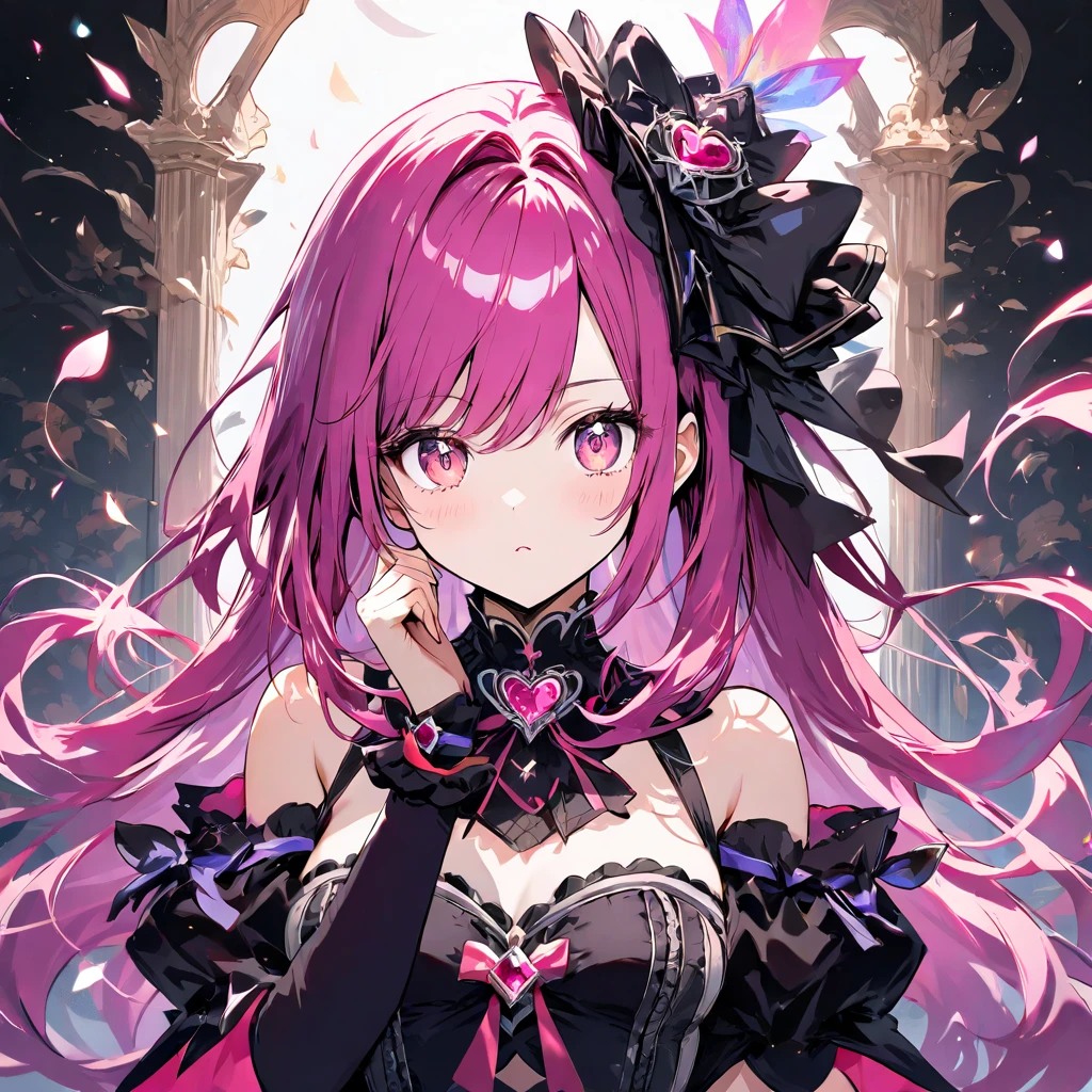 ((Masterpiece, Best Quality)), (Negative Space: 1.2), (1 Girl, Solo: 1.4), Petals, Pink Eyes, Dragon Girl, Long, Purple Hair, High Ponytail, Liquid Hair, Flowers, Dragon Background