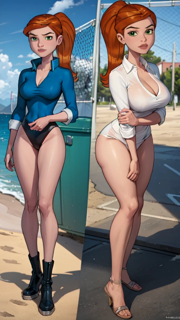 Female original character reference sheet adoptable, (masterpiece:1.4), ((illustration:1.2)), (photorealistic:1.3), (best quality), (extremely high detail), Austin White, ((red hair)), ((blue eyes)), huge breasts, thigh muscles, surprised, making oh face, blushing, embarassed, dynamic pose, dynamic angles,