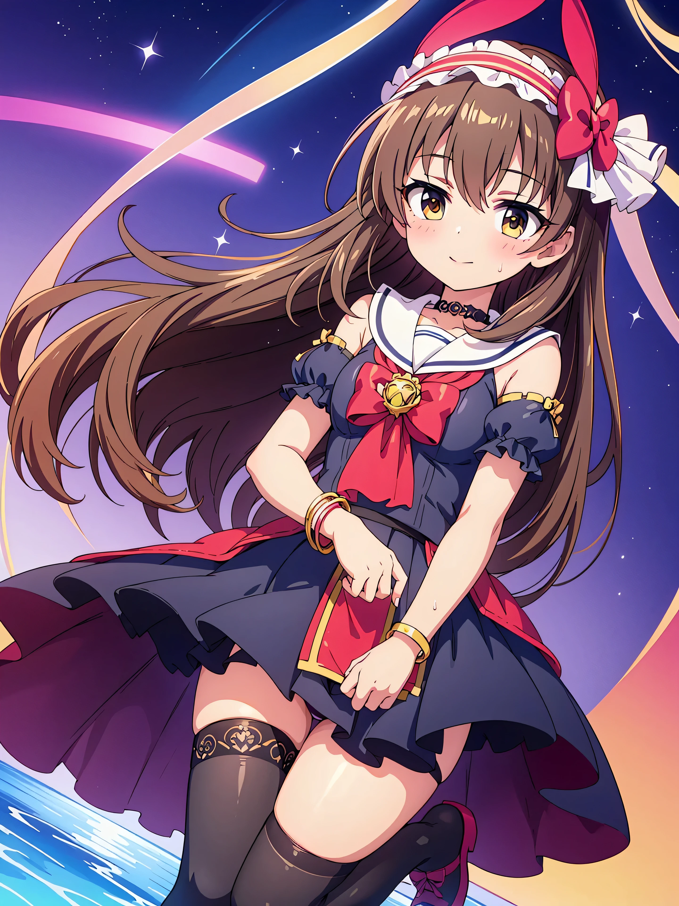 Highly detailed, high quality, masterpiece, beautiful, (all photo shooting), girl  student, on her knees, , with sweat on her legs, perfect eyes, red eyes, light eyes, blushing face, happy face, big thighs, medium , short stature, long hair, brown hair, with bracelet on hand, bow in hair, headband, with sailor suit, short mini skirt, with black stockings, with panties stuck between , shows full panties, , hot spring background image at night