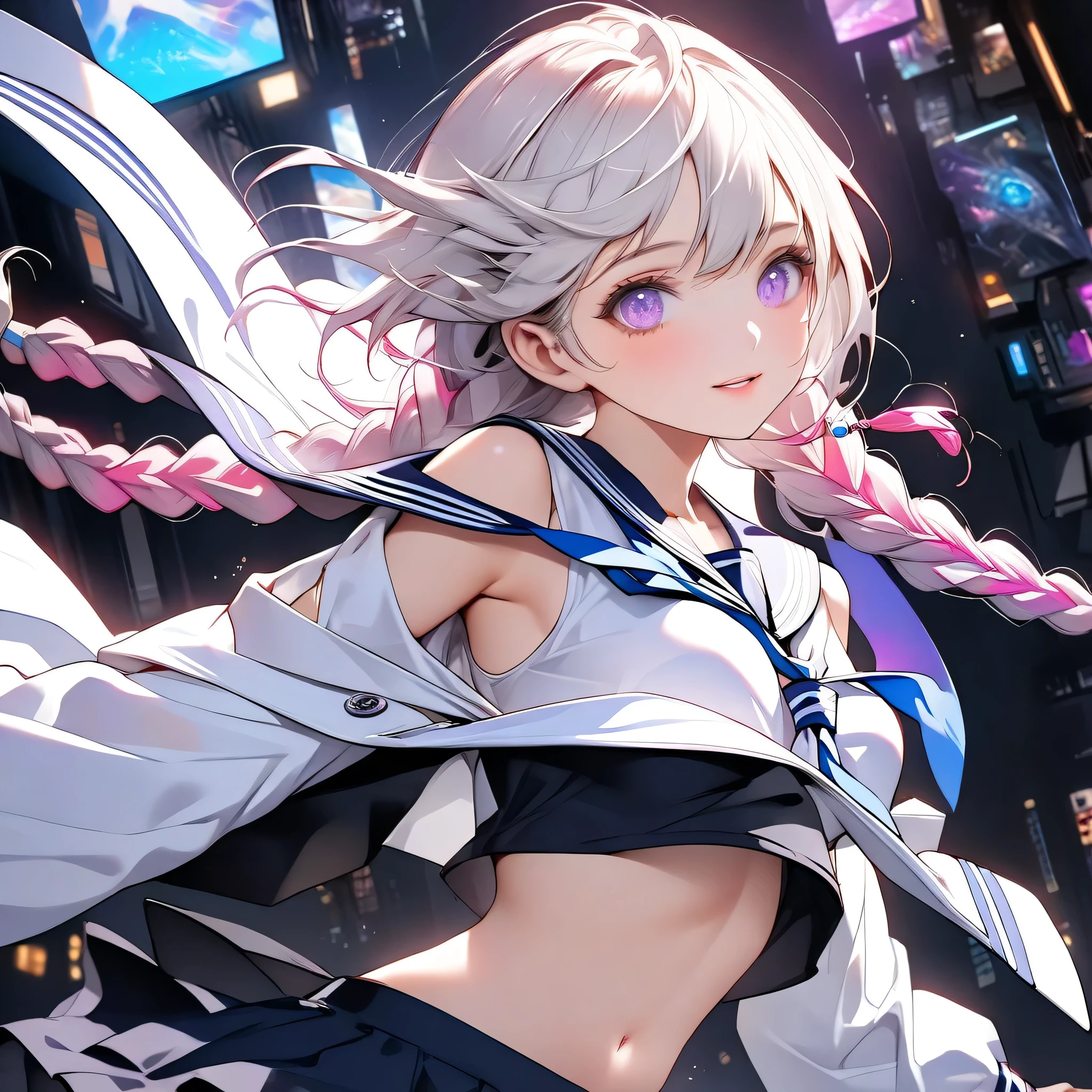 electronics、((Inuhime looking up at the parts with a fan in a milky white pillarless case、)))、near future、BEST DETAILS,(((Highest Qualityのキラキラした瞳)))、New design sailor combining neon color、1GIRL、pretty face、Baby Face、(((dynamic best composition、Highest Quality、Max Masterpiece、Super Detail、after being played in high definition、CG、HHD、16K)))、(woman wears long purple and white gradation braids)、Bare shoulders、black skirt、Gray Hair、(high school girl/, a sailor with a new design that combines a sailor suit and cyberpunk、clothes white loose socks、 shoulder、black loafers、Side Cutout、exposed navel、Side Cutout、The sailor suit line is neon color)、Neon Color Palette、clear method、Detailed purple gradient eyes、fashion that glows in the dark、