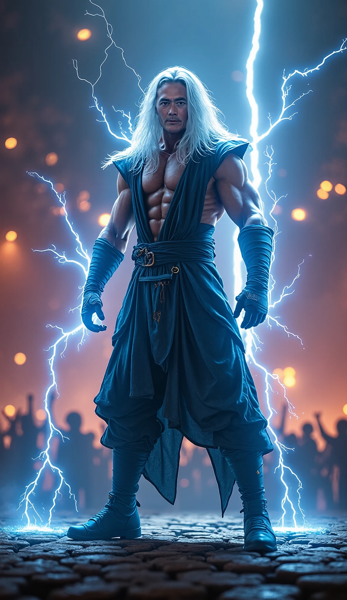 change the color of the rays to black, add more rays emanating from the character&#39;s body, add an intense light to the eyes with the black color like lightning, transform the energy emanating from the staff into a green flame , without rays coming from it,  seen on the character a white tunic with black details partially burned
