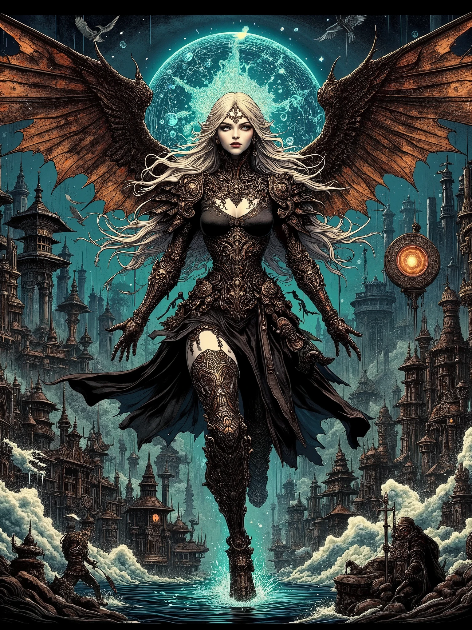 I want to create a Full epic shot of Seraphiel with somber deep colors, an angel who fell because she listened to the Divine spirit inside of her, ElementalChaos, in flight with wings unfurled above a swirling maelstrom of divine energy at night. When she fell, her wings became flaming black wings that burn to this day. The robes she wore turned to ash as well leaving only a black leather the halter and skirt. Her exquisite white skin became light brown and her large brown eyes dance with a copper inner glow. Her form was always beautiful but now she , luscious and perfect and inviting it drove some to madness. Glowing mystical tattoos in Angelic script form glowing filigree all over her amole chest with round medium breasts, athletic arms and large perfect thighs l. Various charms rings and chains of various metals and stones adorn her body along with a black sheer that's almost transparent adorns her magnificent body.
