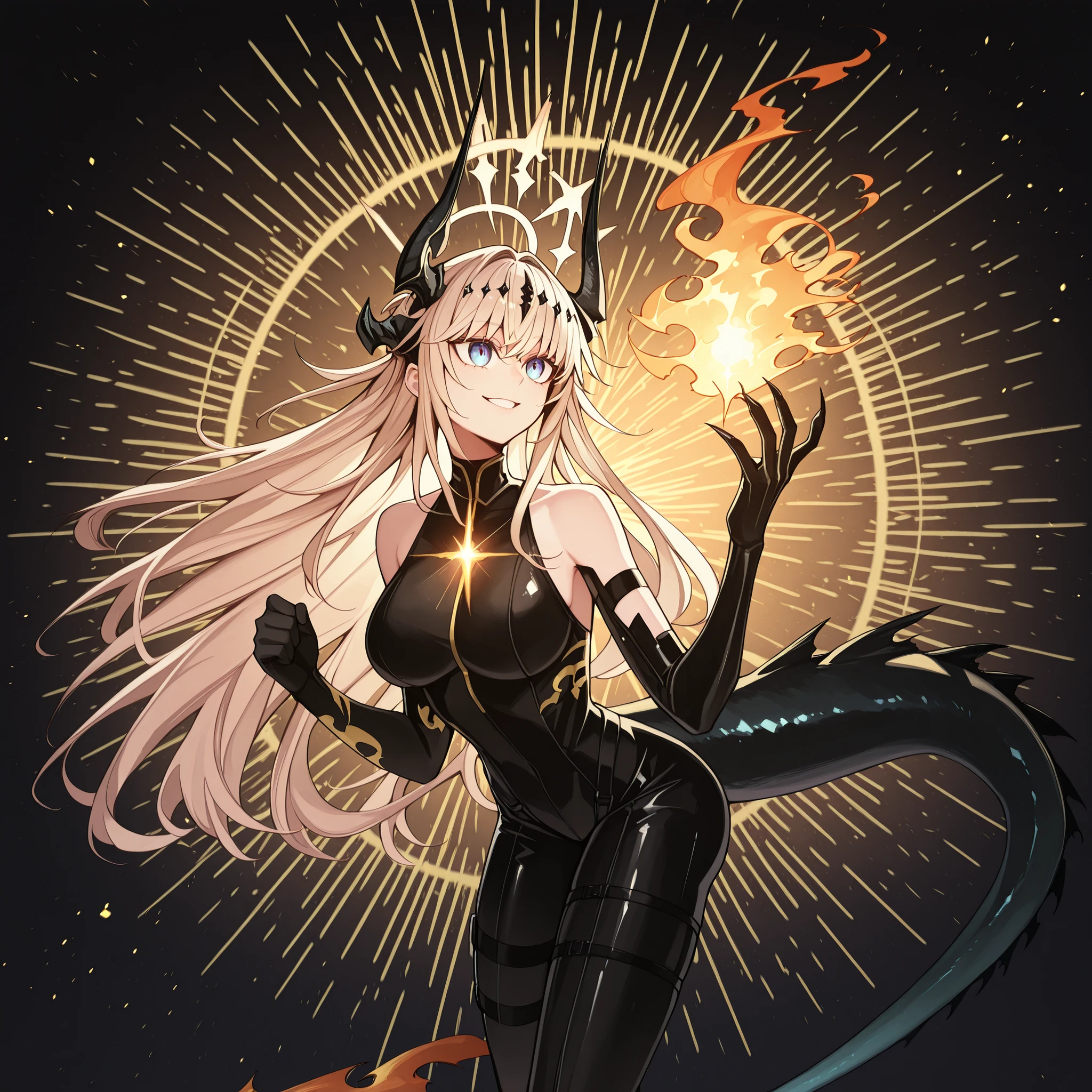 sozinha, 1 menina, e baixa, personagem pequena, personagem curto, personagem curto , Personagem 1 ,50 metros de altura, e baixo, personagem jovem, with big breasts and buttocks ;
cabelo loiros, the character's hairstyle must be the same as that of Alice Zuberg "sword art online", franja longa, black horns like those of the character Reed, The Shadow of the Flame of "arknights", Halo above the head like Asuna Ichinose "arquivo azul", quadril largo, corpo nu, sem roupas;
flashy blue eyes, sorriso provocante, sorriso feroz, rosto jovem, perfeito e bonito, Completamente nu, sem roupas, completamente nua, seios expostos;
anatomia perfeita, the character's tail must be that of a dragon and must be black (with a golden flame on the tip of the tail), black tail like Reed's, The Shadow of the Flame of "arknights", Colored arms in the Nian style of "arknights" (, but arms and hands must be painted in black with gold details), exposed arms and shoulders, hands with claws, black hands with gold details, black arms with gold details, Completamente nu, sem roupas, completamente nua, seios expostos;
provocative and fierce smile, Confidence , personagem jovem, Completamente nu, sem roupas, completamente nua, seios expostos;
fundo preto, sexy position, looking at the observer, mãos e black arms with gold details, Completamente nu, sem roupas, completamente nua, seios expostos;