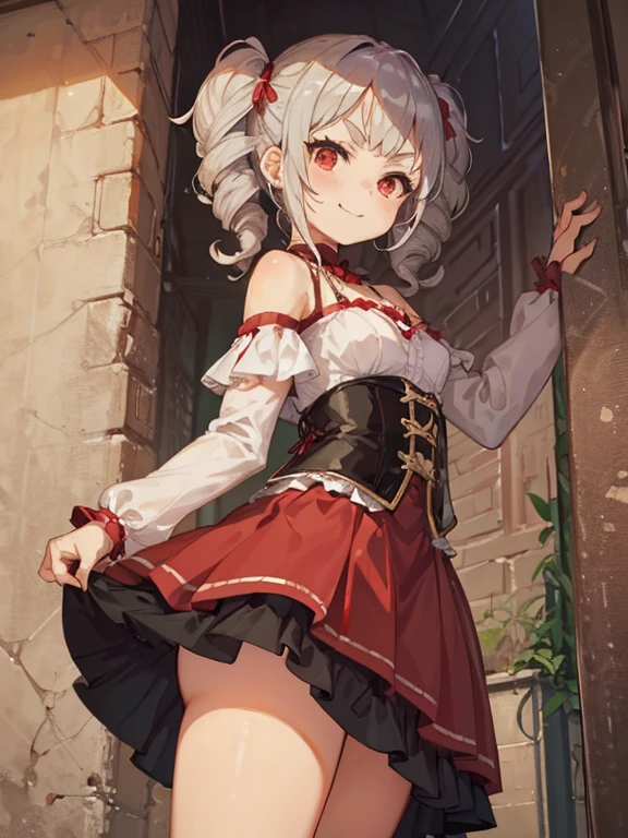 (masterpiece), (best quality), (ultra-detailed), very aesthetic, illustration, perfect composition, intricate details, absurdres, detailed face, (intricate), (1girl, mutsuki, blue archive, solo, red eyes, white hair, side ponytail), (realistic face:0.9),(thong:1.8),dress lift, (grin, blush, thigh:1.3), (cowboy shot), (glistening eyes), (half closed eyes:0.9), (), (official art:1.3), (panties around one leg), expressive eyes, perfect face, 4k, extremely detailed anime illustration, extremely detailed eyes, perfect anatomy, light rays, extremely delicate body, smooth skin, (game background:1.5), clear eyes, beautiful face, small breasts,(anime style:1.6), (Warm Light:1.5), (highres:2),
