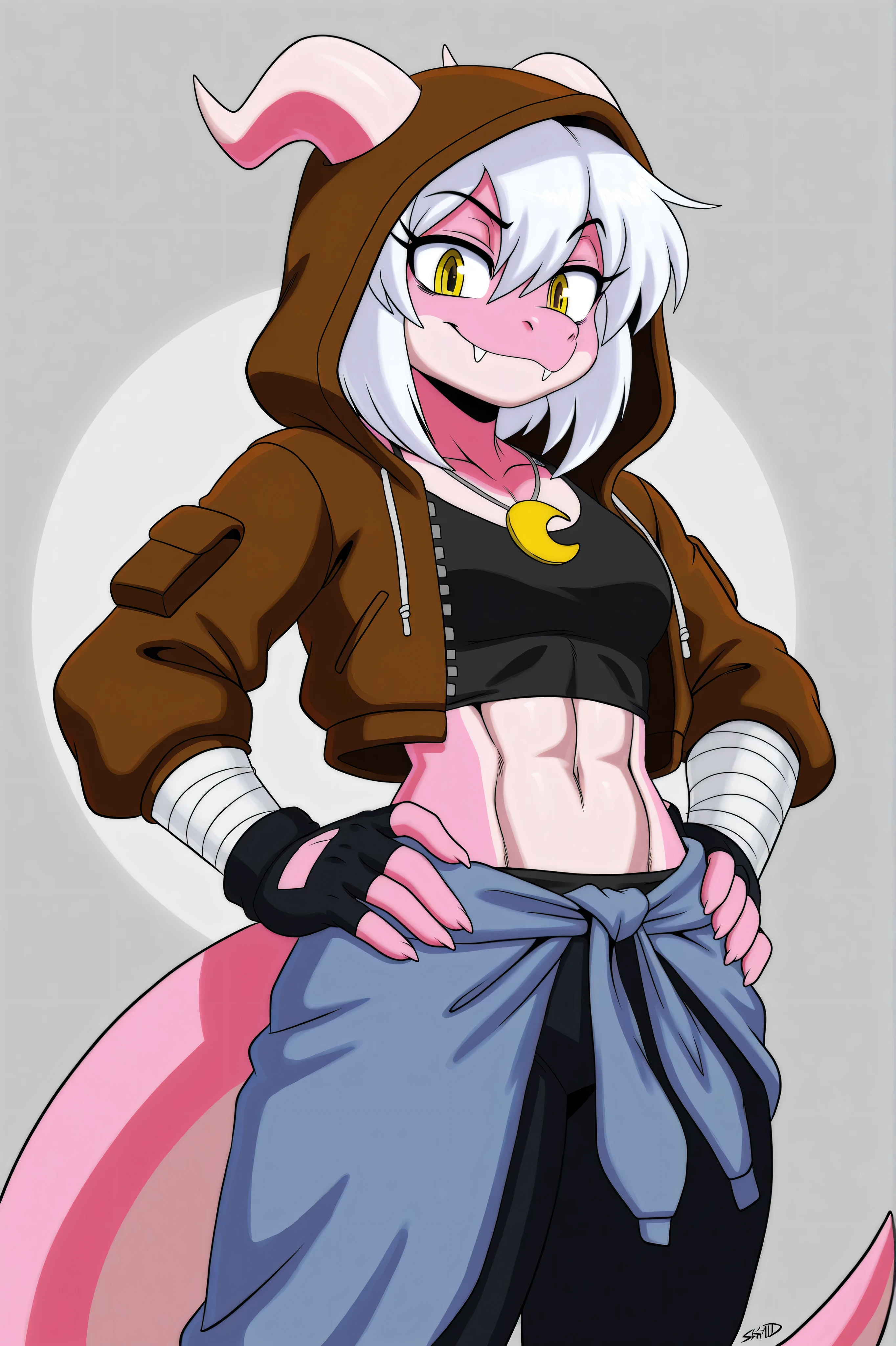Uma imagau desenha com traços fortes e suaves, common.au.cartoon and cartoon, uma figura fauinina, cabelo ponytail, white hair covering both eyes, lizard snout, lizard snout, white pink skin, big fit ass, musclegirl, White tank top, colorful long sleeve jacket, jeans, Black boots, gigante breasts, peitos big fit asss, Waist slender, pose simples, straight pose, expression would be. Big , gigante , big boot Big  