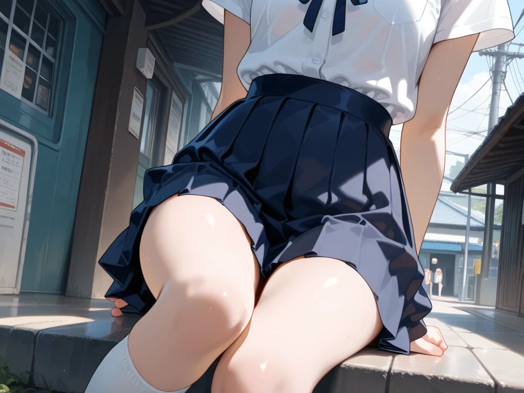 nsfw,alone, (One girl), Elementary school girl,8-year-old, (Lower body naked)、 sexy, ((Put your arms behind your head)), (wearing only the top half of sailor school uniform)、classroom, With a girl:hair is black and short, Her face is round and cute, Black Hair ,short hair、 (Are standing),(Shy, Embarrassing),(((pussy,Female organ,Pussy))),((from below)),((pussy juice)),