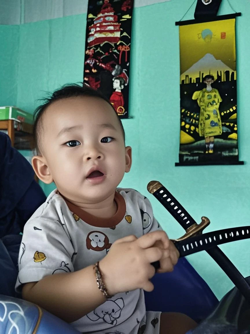 there is a baby that is sitting on the floor with a toy, wearing a red cheongsam, traditional chinese, holding origami qilin, 2 years old, ruan jia beautiful!, loong, cai xukun, inspired by Xie Huan, chinese style, li zixin, he is about 3 0 years old, he is about 30 years old