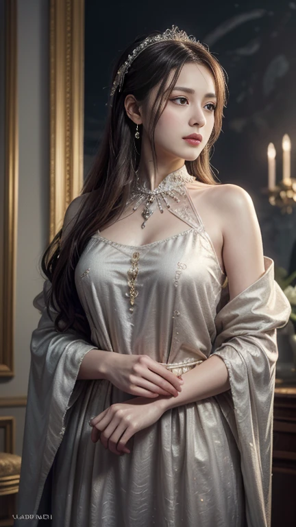 Realistic oil painting of a woman, Inspired by the work of Russian artist Ilya Repin, Intricate details and the use of light and shadow to create depth and emotion., Long-range photography with a blurred background to draw attention to the subject., Traditional techniques used in a modern style