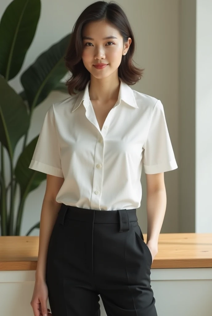 become close,Sharp lines,highest quality, masterpiece、the way、Sunset、Canon Photo Crystal Clear ,(Realistically:1.2), (Business Blouse、Business Skirt)、Action pose、Take a full body photo、smile、Gorgeous appearance、Bobcut