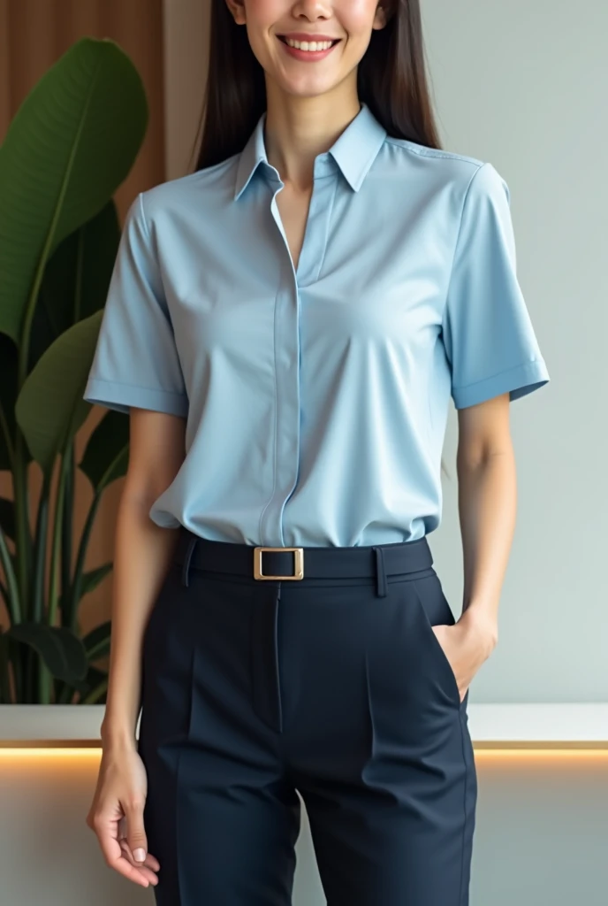 Women's school uniform model with blue gradient, short sleeves, no buttons, no high collars, no pockets