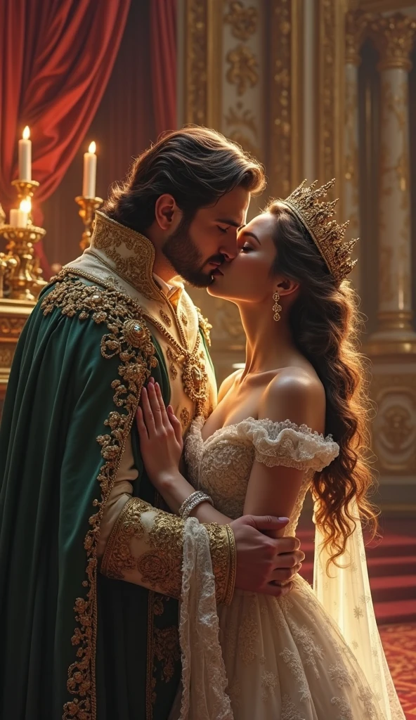 Fantasy illustration of a princess in a yellow dress, handsome prince, ethereal, detailed, highres, romantic, fantasy, detailed dress, love, intricate details, magical atmosphere,couple, couple, sensual, sultry, kissing