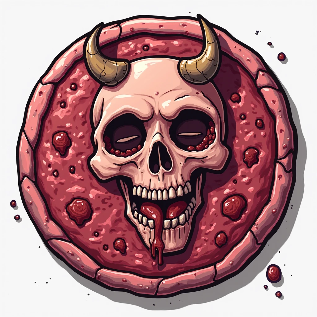 Make a realistic logo of a slice of Pizza oozing with features of a skull and 2 pizza cutters forming its bones, on a completely white background.