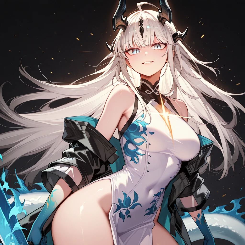 (Close-fitting:1.4),small breasts,realistic breast:1.3,Exposed TITS,nabel,Slightly areola,no_panties,Detailed ,Close-up ,Realistic skin texture,A masterpice,Glow underneath,Slightly underarm hair,long hair,Highlight texture,Skin type,White Hair, Red Eyes, horns from head, look at viewer, 1girl, full body, shimanto, open pussy, vagina, legs apart, nsfw, nude, nipples, thighs,