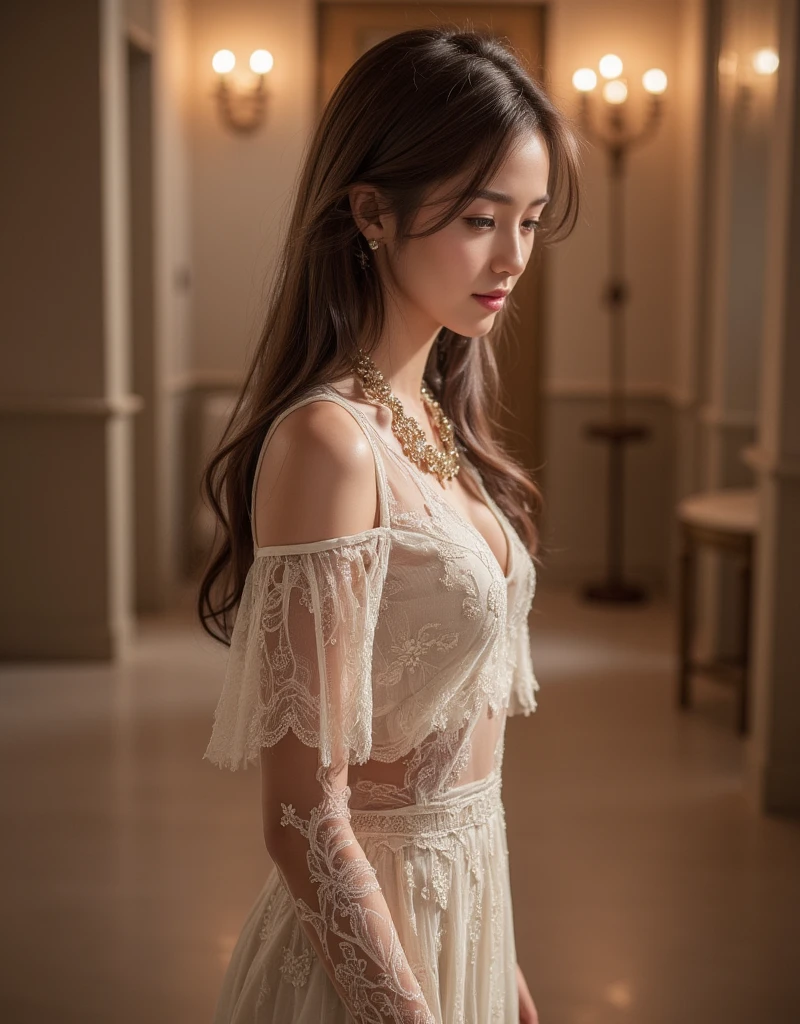 Ashleigh Emmalee, very young, beautiful, 8k, 12 years old, (1girl:1.2), whole body, far angle camera, wear fashionable lace wedding dress: 0.75, different design weeding dress, nude:0.25, , in a church, elegant poses, dynamic shot, masterpiece, best quality, ultra-detailed, ultra realistic:1.5, photorealistic:1.5 , analog style, bokeh, skin pores, (skin texture), (film grain:1.3), (warm hue, warm tone:1.2), cinematic light, sidelighting, ultra high res, best shadow, RAW, upper body, photoshoot by DSLR, Fujifilm XT3