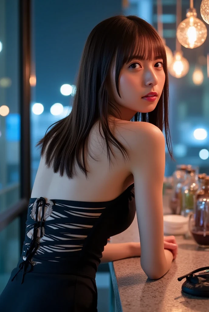 masterpiece、Chinese clothing、Japanese、double eyelid、Cute Girls、Black Hair、Bob Hair、16 years old、kasumi arimura、masterpiece, best quality, ultra high res, (photorealistic:1.4), RAW photo, perfect anatomy, 1 girl, cute, beautiful detailed eyes, big eyes, hook nose, japanese girl, cowboy shot, slender waist, large breasts, red slit china dress, mini skirt, hair bun, black hair, arms behind back, in chinese restaurant、Big Tits