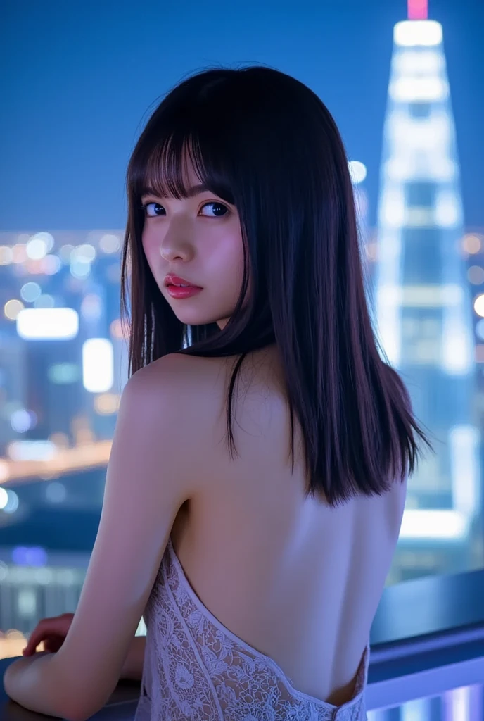 (masterpiece), top-quality, 超A high resolution,Japanese teenage girl, Cyberpunk Stunning cityscape,Japan girl standing on rooftop ,White lace underwear、hair color random、Hairstyle Random、Neon Color Shooting Star, off shoulders, neon color, flushed, stunning night sky, 电影灯光, Photorealsitic, real looking skin, nffsw,