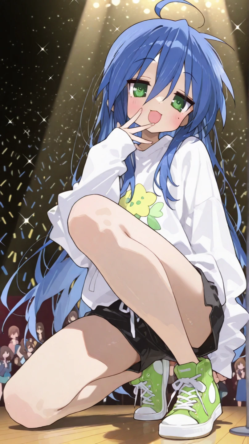 One Naked Girl、Being exposed on a bright stage、Crouching with legs apart、Knees up、Spreading her legs、Arms folded behind head、No clothing on、Expressionless and dead-eyed、The face is upbeat、Desperate look、Are crying、tongue、Light blue hair、blue eyes、Standard Bust Size、Nipples、Pussy、Wearing a very short skirt、Wearing a flower on her head、Condensed milk is poured all over the body、condensed milk on the face、Condensed milk on your hair、Being watched by many people below the stage