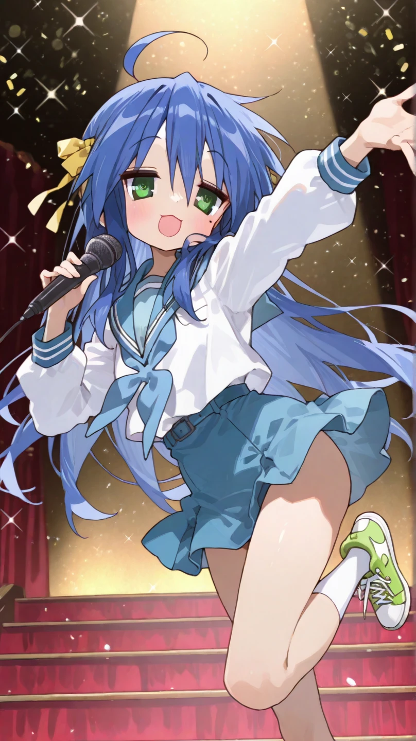 1 girl, Cute girl avatar, Cute anime face girl, Light blue checked mini skirt,Light blue long hair,  Simple Background, dancing, Beige blouse, Red ribbon, Musical notes in speech bubbles, looks fun, Light blue eyes, Looking up, Underwear is visible