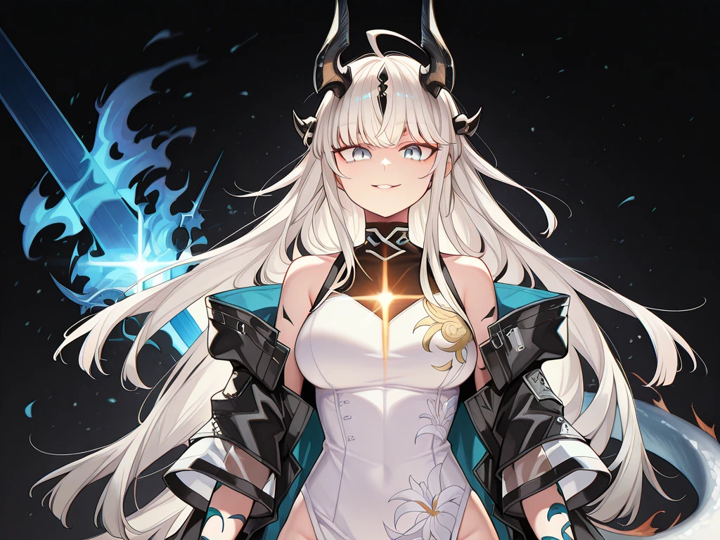(best qualityer: 1.0), (super high resolution: 1.0), extremely detailed character, detailed hands, Half dragon girl, black horns, (extremely detailed white dragon tail), extremely detailed hair, ((White hair)), ((Black locks)), extremely detailed  eyes, heterochromia (one red eye and one blue eye), Dragon Eyes,  2d,  Madura, Anime Art, adolescent, ((whole body)), standing, large breasted, big-ass, Mediovale, RPG