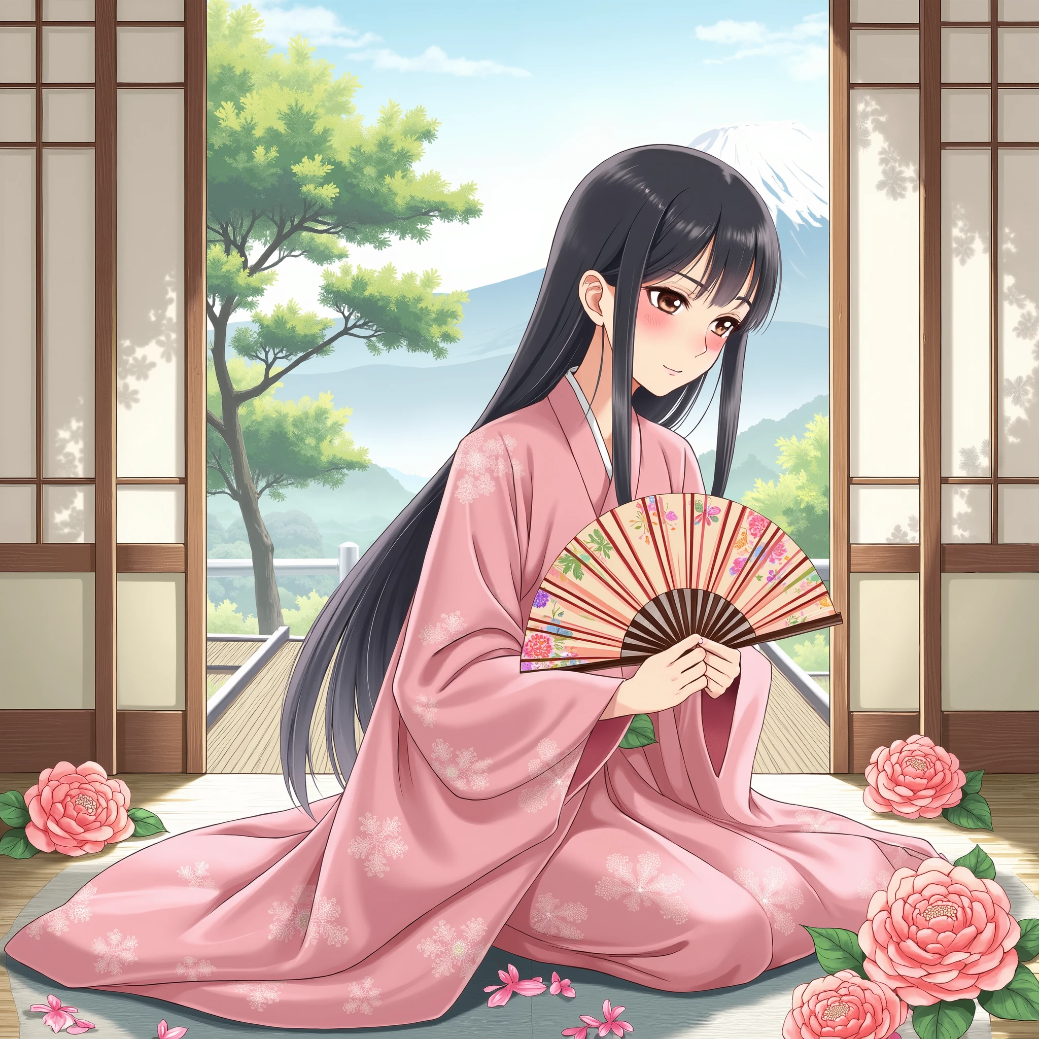 illustrations、anime、A beautiful fifteen-year-old woman is sitting、pink kimono、Japanese Women、Japanese-style room、pine tree、Mt. Fuji、 beautiful flowers 、floral fan、breasts are big、