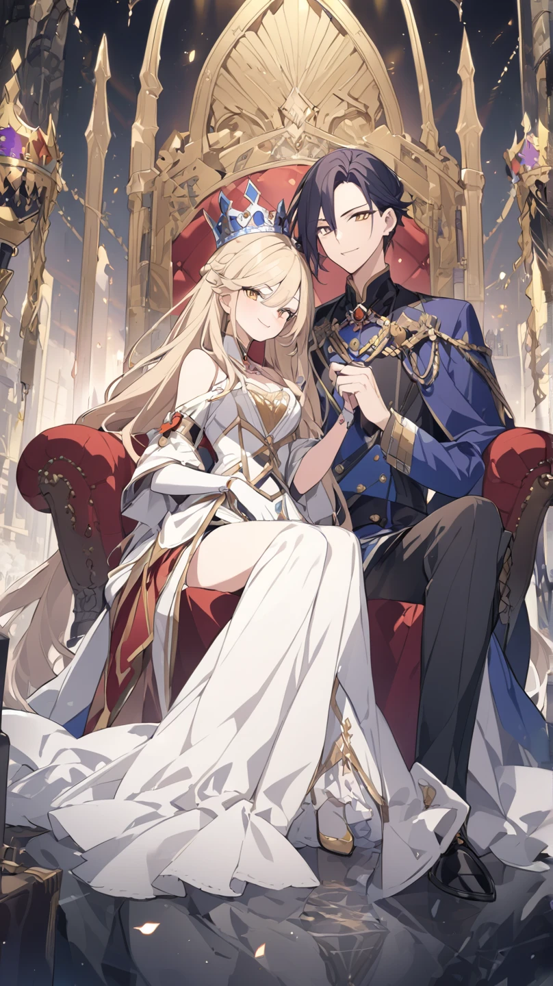 anime - style image of a man and woman sitting on a elegant sofa, wearing magic academy uniform, royal elegant pose, in their noble mansion, royal portrait, sakimichan and frank franzzeta, highly detailed exquisite fanart, high quality fanart, guweiz on pixiv artstation, queen and ruler of the universe, trending on artstation pixiv, wlop and sakimichan, detailed hand, chess elements